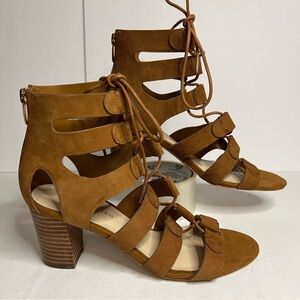 Marc Fisher gladiator stack heel sandals brown Paradox strappy suede womens‎ 6.5